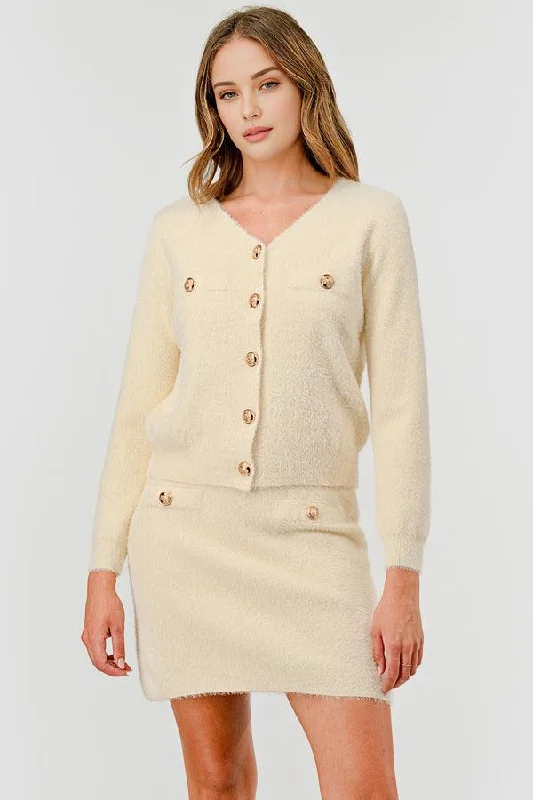 V-Neck Ivory Knit Sweater Cardigan & Skirt 2PCS Set DBLST4021 Cotton Fabric Linen Fabric Terry Fabric