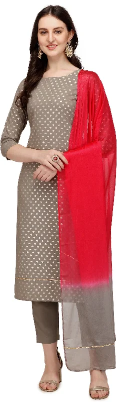 Women's Grey Poly Crepe Straight Kurta Pant With Dupatta - Fiorra Soft Stretch Pants
