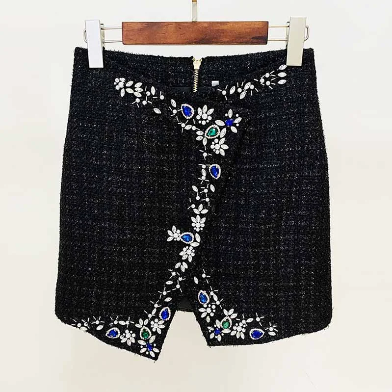 Hight Waisted Black Woolen Cloth Skirt With Beaded Mini Skirt for Ladies lace skirt feminine Hight Waisted Black Woolen Cloth Skirt With Beaded Mini Skirt for Ladies lace skirt feminine