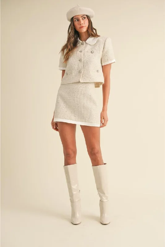 Danielle Sequin Tweed Contrast Jacket & Skirt Set (Sold Separately) - Ivory Satin Jacket Silk Jacket Chiffon Jacket
