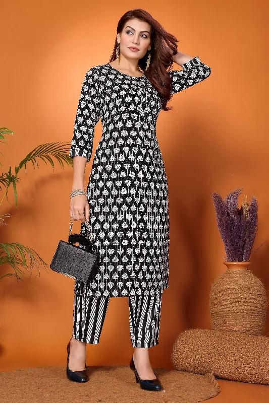 Women's Black & White Rayon Printed Kurta With Pant Set - Dwija Fashion Modern Bootcut Pants Women's Black & White Rayon Printed Kurta With Pant Set - Dwija Fashion Modern Bootcut Pants