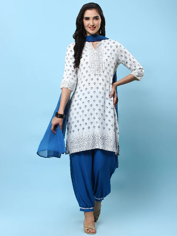 Women's Liva (Rayon) Off White Ornamental Print Kurta Wide Pant Dupatta - Shree Fashionable Tapered Leg Pants
