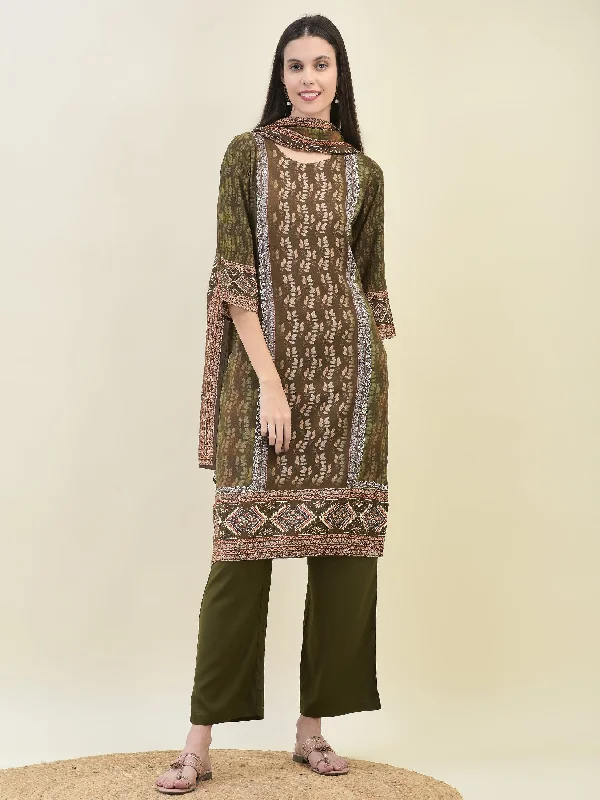Women's Liva (Rayon) Olive Floral Print Kurta Comfort Pant Dupatta - Shree Casual Track Pants