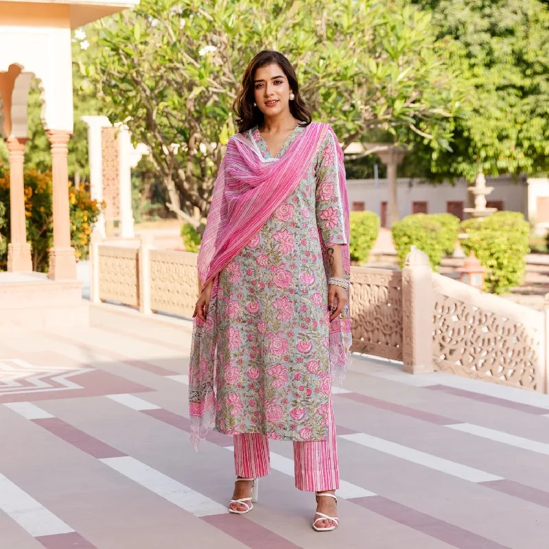 Women's Pink Cotton Floral Printed Kurta And Pant Set With Dupatta - Malishka Export Chic Checkered Pants