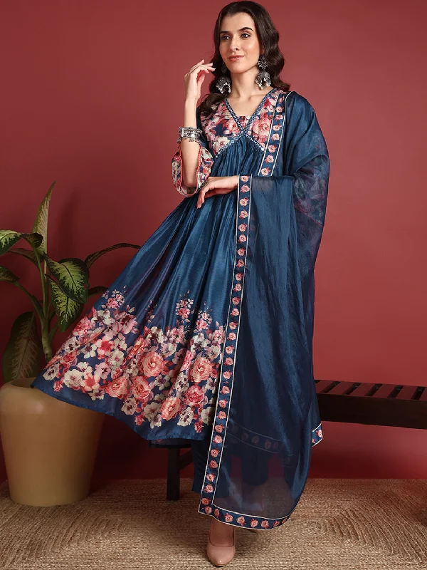 Women's Blue Silk Blend Printed A-Line Kurta Pant Set With Dupatta - Ahika Comfortable Denim Leggings
