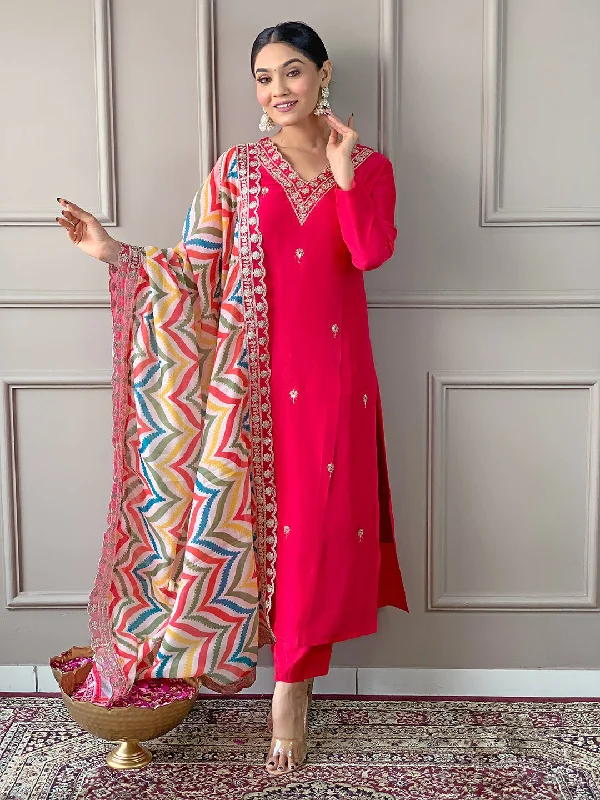 Women's V Neck Embroidered Work Viscose Fabric Kurta & Pant With Dupatta Set - Taantav Trendy Wide-Legged Trousers