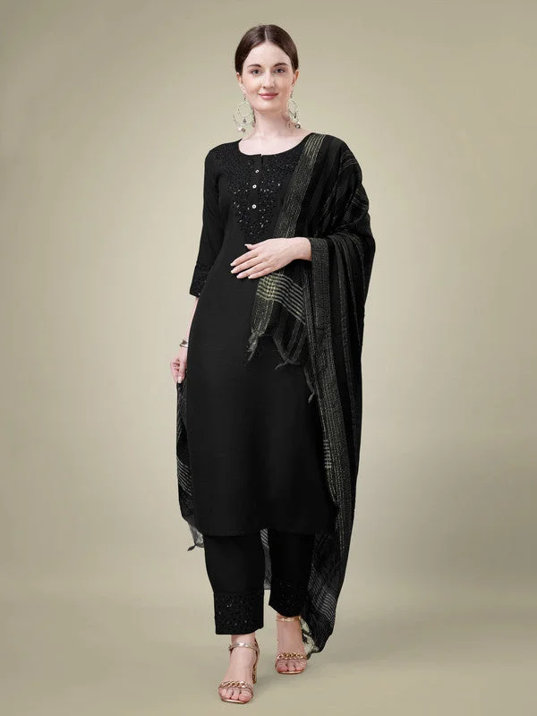 Women's Embroidered Black Cotton Blend Kurta Pant Dupatta Set - Malishka Export Casual Plaid Pants