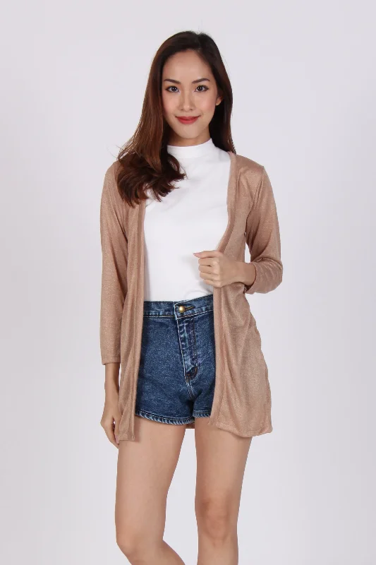 Quarter Sleeve Knit Cardigan In Beige Spandex Blend Rayon Blend Denim Blend