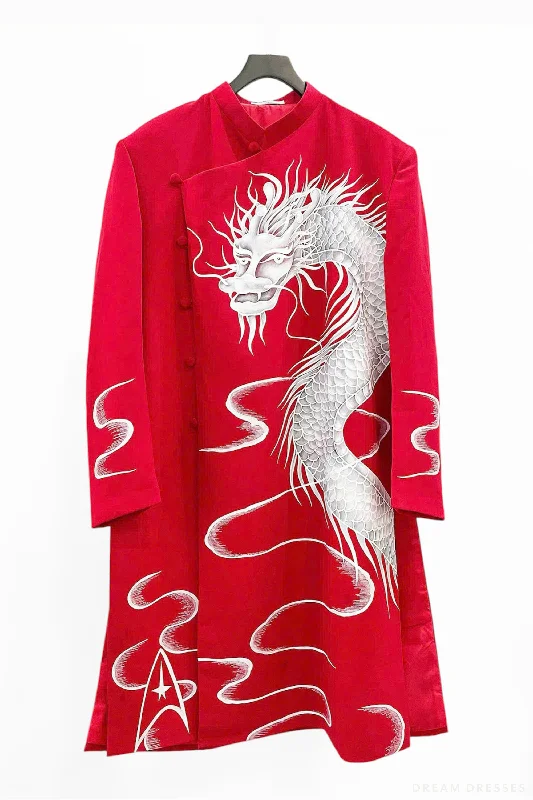 Red Groom Ao Dai Jacket | Hand-Painted Dragon Vietnamese Ao Dai (#CUONG) Zip Front Button Front Snap Front