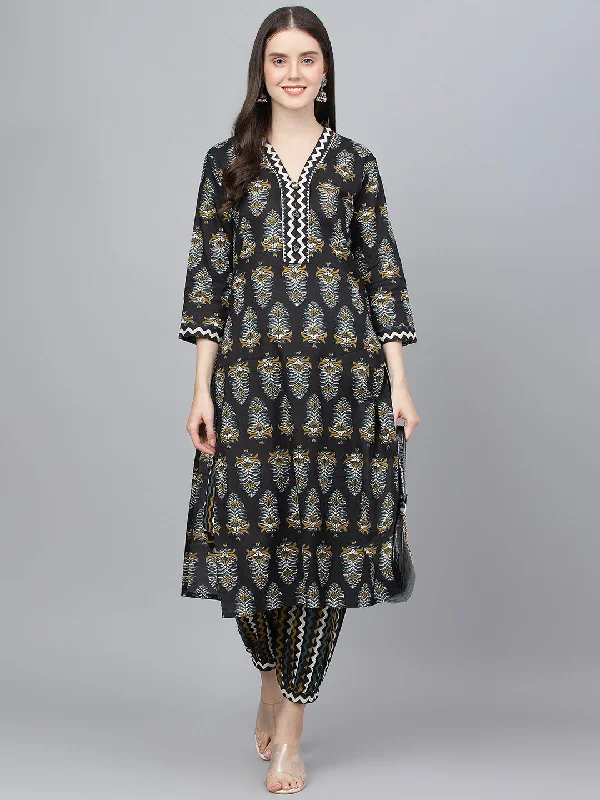 Women's Black Cotton Straight Kurta Hem Cuffed Pant set - Taantav Cozy Maternity Pants