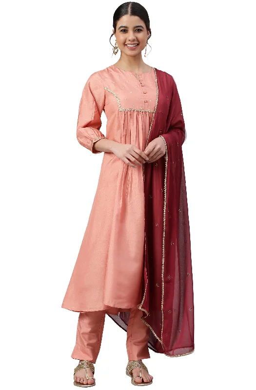 Women's Peach Poly Silk Solid Kurta With Pant And Dupatta - Manohara Lightweight Jogger Pants