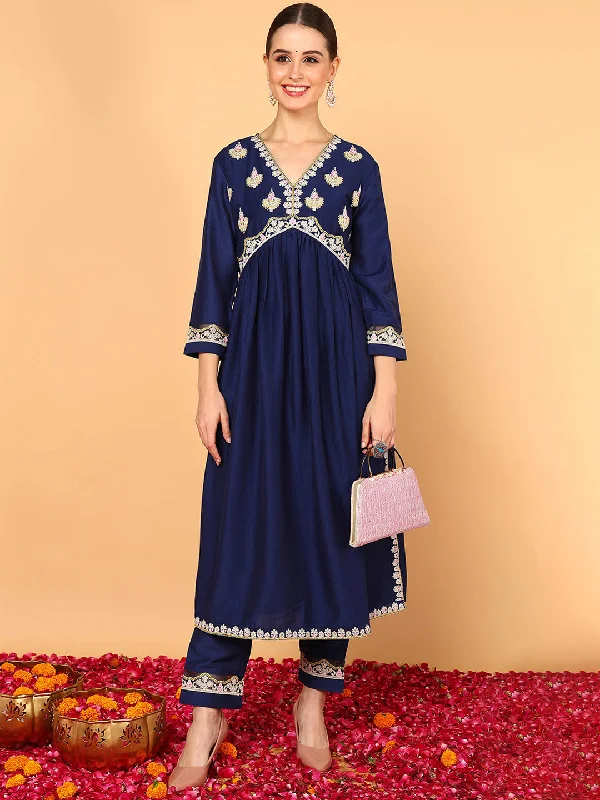 Women's Navy Blue Silk Blend Embroidered A-Line Kurta Pant Set - Ahika Lightweight Linen Pants