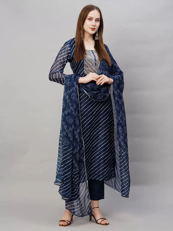 Women's Navy Viscose Cotton Leheriya Printed & Embroidery Kurta Pant Set With Dupatta - Malishka Export Trendy Palazzo Pants