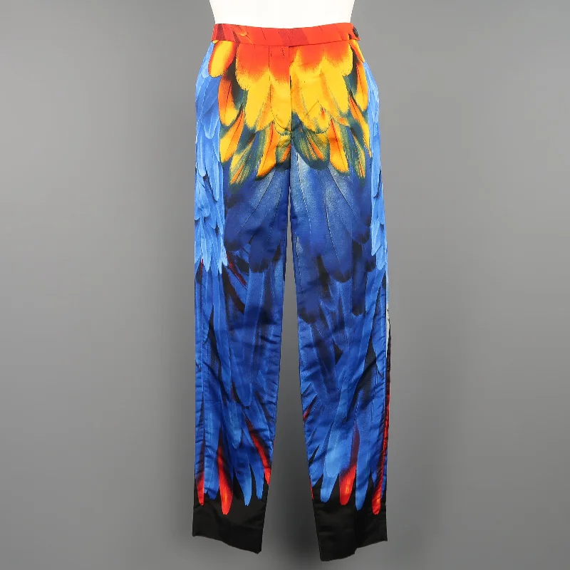 PRADA Size 4 Blue Red & Yellow Parrot Feather Print Silk Faille Dress Pants Stylish Casual Pants