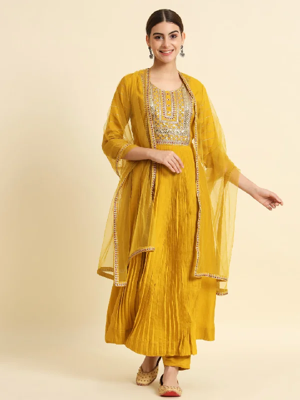Women's Round Neck Sequence Embroidered Work Pure Chanderi Silk Fabric Kurta & Pant With Dupatta Set - Taantav Cozy Fitted Pants